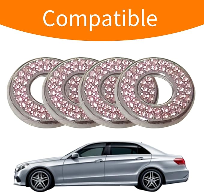 1 Pack 4 Pcs Bling Car Inner Door Lock Covers, Car Bling Accessories For Women Rhinestone, Rhinestones Pull Rod Bolt Decoration Covers Compatible With Mercedes-Benz A,B,C,D,E Class, Gla ,Glc (Pink)