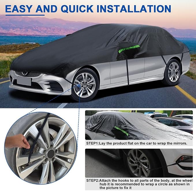 Universal Half Car Cover Waterproof All Weather, Black Car Covers for Automobiles Outdoor Indoor for All Season Waterproof Dustproof Uv Resistant Snowproof Fit for Sedan