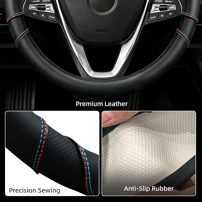 Microfiber Leather Steering Wheel Cover Universal 14.5-15 inch (Black) | Anti-Slip Lining, Breathable and Soft Material, Compatible with Most of Cars and Trucks