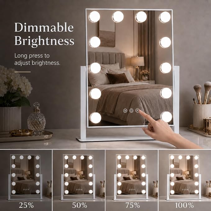 Vanity Mirror with Lights, Dimmable Desk Mirror, 12 Bulbs, 10X Magnifier | 16.4" H x 13.1" W makeup mirror, 3 colors, touch control, detachable 10X magnifier, 360 rotation, Gifts for Wife, Mom, Girls