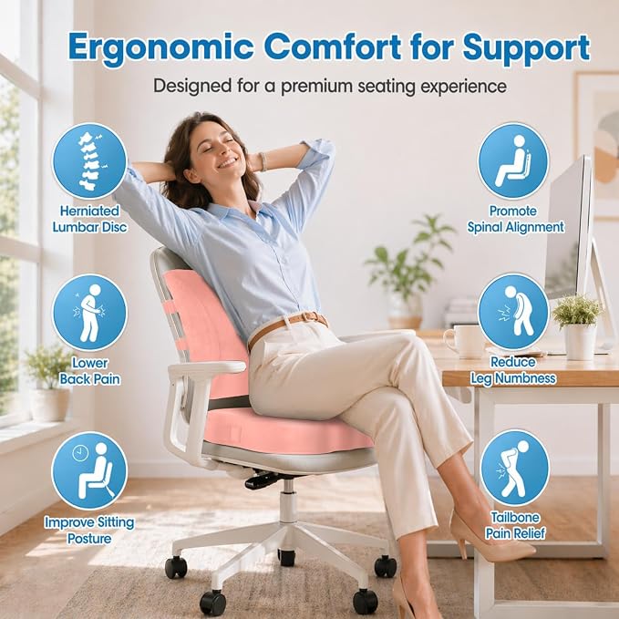 CloudBliss Lumbar Support Pillow & Seat Cushion Set for Office Chair, Desk Chair, Wheelchair & Car – Memory Foam Back Support, Ergonomic Chair Cushions, Sciatica Pain Relief, Home Essentials(Pink,XL)