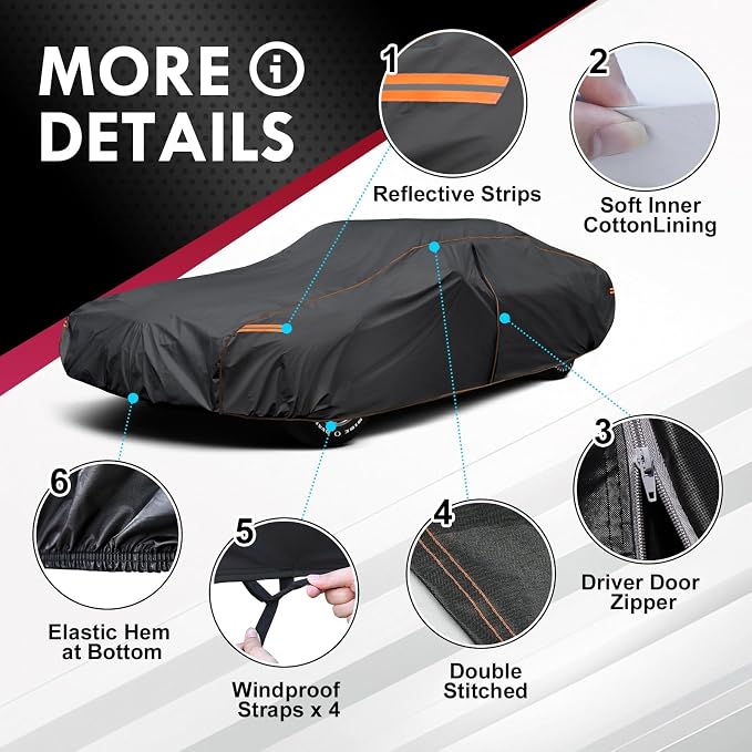 6 Layer Extra Large Sedan Car Cover Universal Fit for Buick Electra 225, Chrysler New Yorker, Chevrolet Caprice(71-76), Ford Thunderbird(72-76),Galaxie 500(65-67),etc. Fits Cars up to 225 Inch