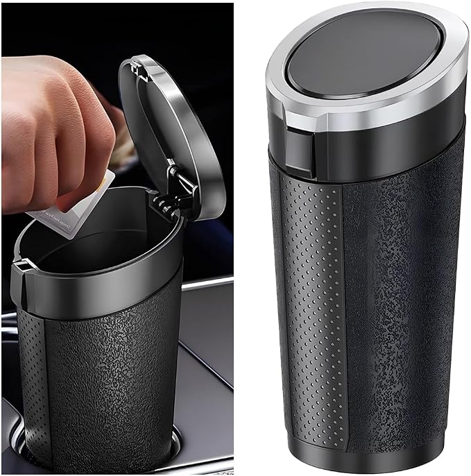Car Trash Can, Leakproof Mini Automotive Garbage Bin Side Door Cup Holder Dustbin with Lid, Vehicle Interior Storage Organizer Accessories, Universal for SUV, Sedan, Truck (Black/Silver)