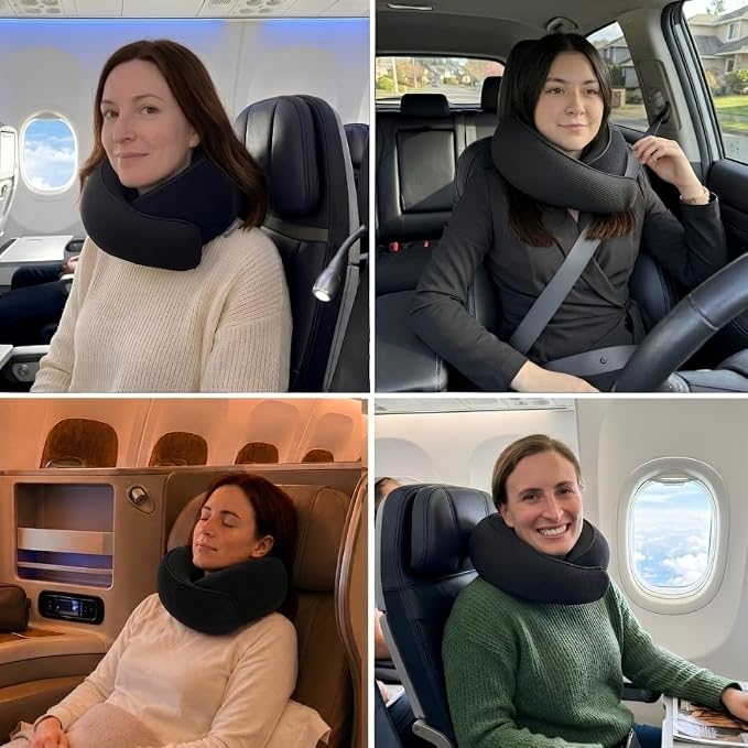 FlyHugz® Neck Travel Pillow Memory Foam Neck Pillow for Comfort on Airplane Compact and Ergonomic Design for Travel, Car Rides, and Home Use Ideal for Adults and Kids. (Midnight Black)