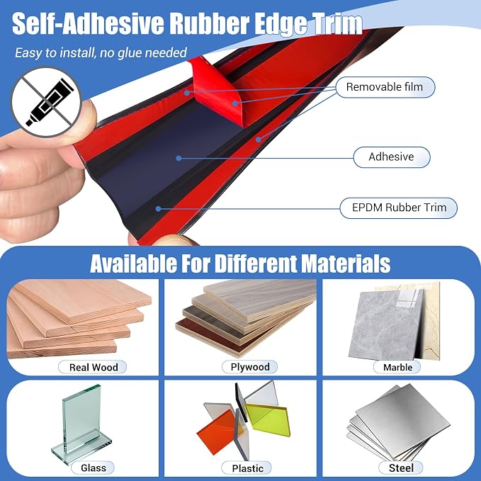 Rubber Edge Trim, Self-Adhesive U Shaped Edge Protector for Plywood, Cabinet, 2-1/4" Wood Edge Banding, Flexible Furniture Repair, EPDM Material, Fit 2-1/4"(57mm), Length 10Ft, Black