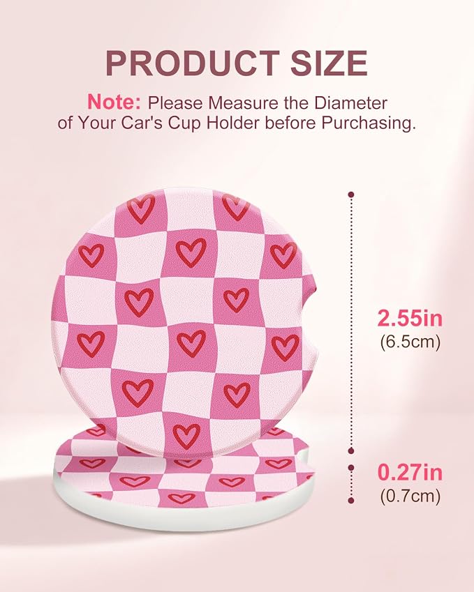 Swooflia 2 Pack Absorbent Ceramic Car Coasters for Women - 2.55 Inch Heart Checkered Pink Car Cup Holder Coasters with Cork Base, Funny Car Accessories, New Driver Gifts