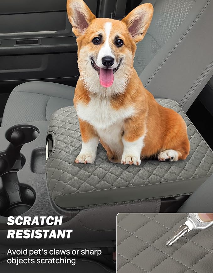 JOYTUTUS Center Console Cover Compatible with 2013-2018 Ram 1500 & 2013-2026 Ram 2500/3500/1500 Classic Model Jump Seat Console, Leather Arm Rest Covering for Car, Durable Middle Console Cover, Gray