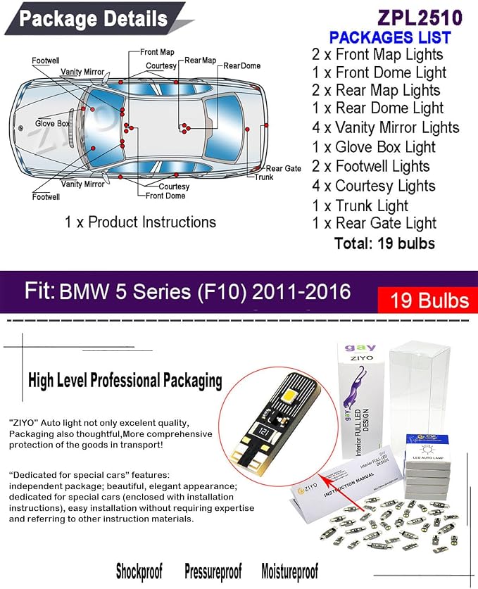 ZIYO LED Interior Light Kit Replacement for BMW 5 Series 2004-2016, 6000K Xenon White Dome Light Bulbs Upgrade Error Free (F10 Sedan 2011-2016 (19 Bulbs))