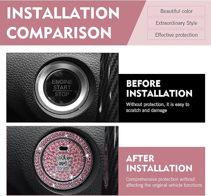 Crystal Rhinestone Car Engine Stop Decoration Ring Sticker, Sparkling Rhinestone Push Start Button Decorative Cover, Bling Interior Accessories for Women, Universal for Most Car (Pink)
