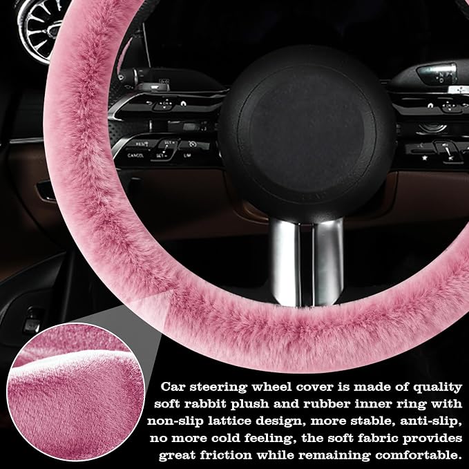 Furry Warm Steering Wheel Cover, Universal 14.5-15 Inch Winter Plush Warm Steering Wheel Cover, Soft Fluffy, Anti-Slip Design, Soft Texture (Pink)