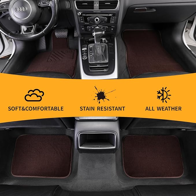 EKR All-Weather Universal Floor Mats,Thick Anti-Slip Car Carpet(Brown) | 0.5 inch Thick Anti-Slip Automotive Floor Mat with Driver Heel Pad Fit for SUV/Vans/Sedans/Trucks,Brown Carpet 4pcs Full set