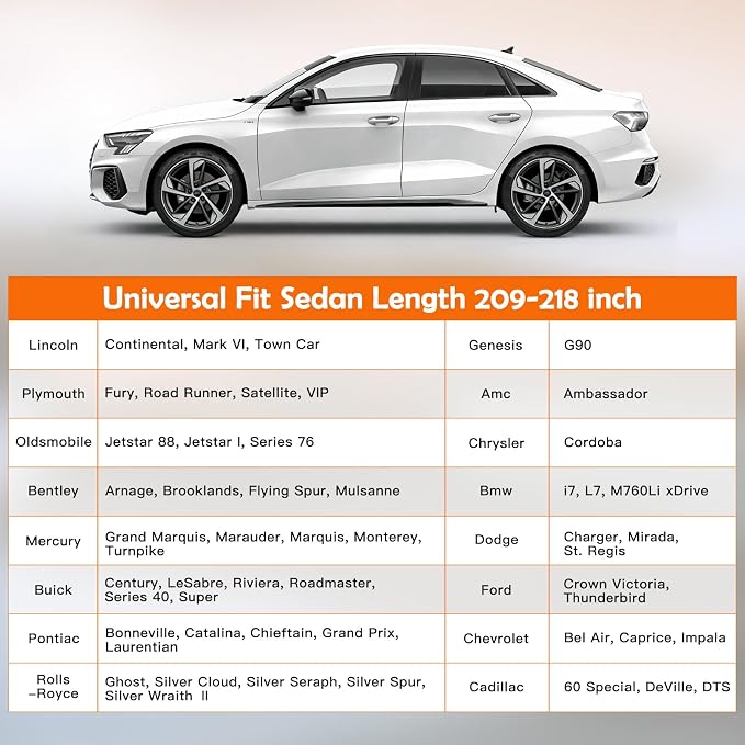 Universal Fit Car Cover for Sedan Length 209-218in, Waterproof Automobiles Cover All Weather Compatible with Chevrolet Caprice, Lincoln Continental, Cadillac DTS, Ford Crown Victoria