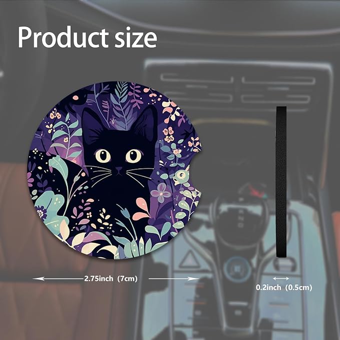 2pcs Cute Black Cat Car Coasters,Absorbent Universal neoprener Cup Holder Coasters with a Finger Notch,Car Accessories for Women&Man Interior，2.75" 1