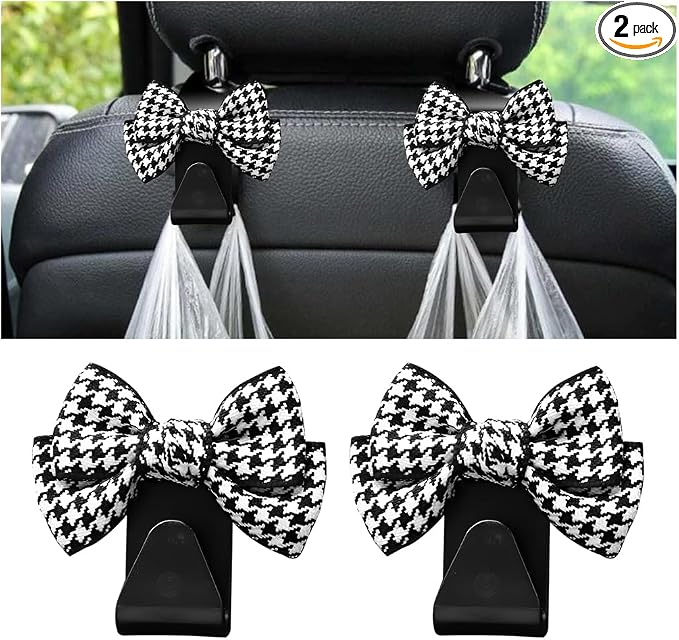 Mandark 2PCS Car Seat Headrest Hooks, Cute Bow Vehicle Hooks for Purses and Bags, Automotive Purse Hook Hanger Interior Decoration Accessories, Universal for SUV, Sedan, Truck (Black/Small)