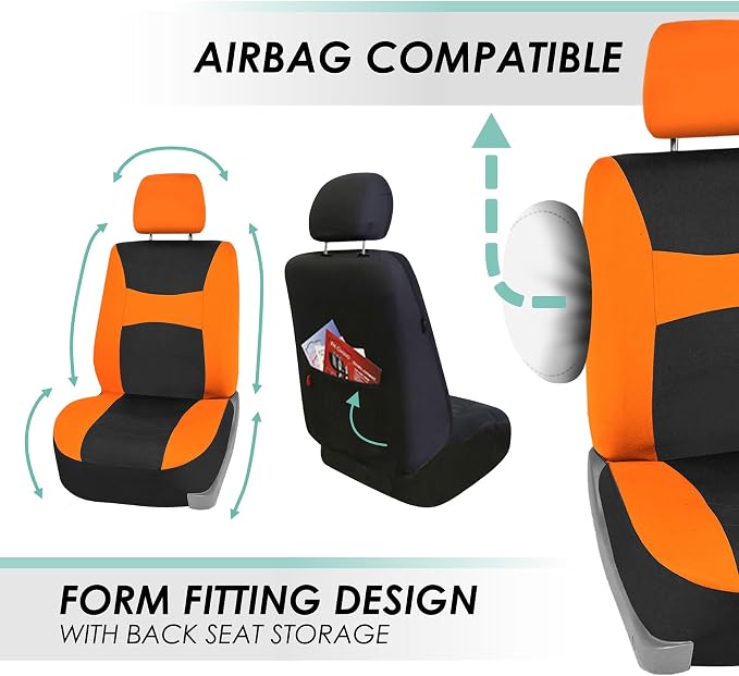 FH Group Full Set Cloth Car Seat Covers , Universal Fit combo, Low Back Front Seat Covers, Airbag Compatible, Split Bench Rear Seat, Washable Seat Cover for SUV,Sedan,Van Orange