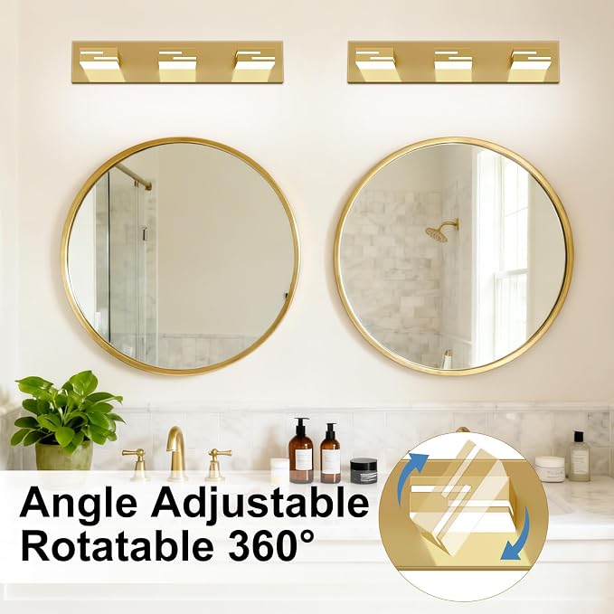 LED Modern Bathroom Vanity Light Fixtures, Dimmable Gold Vanity Lights for Bathroom Lighting Fixtures Over Mirror, with 360° Rotatable Heads 3-Light 22-inch (Cool White 6000K)