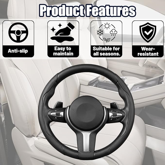 2PCS Car Steering Wheel Cover, 14.5-15" Breathable Nappa Leather Segmented Steering Wheel Protector with Non-Slip Grip, Stylish Auto Interior Decor Accessories, Universal for Vehicles (Black)