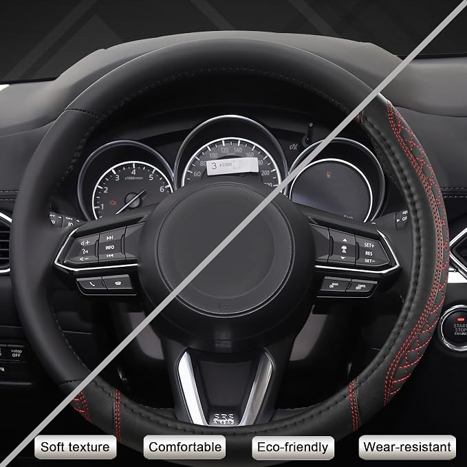 West Llama Car Steering Wheel Cover for Mazda 3,5,6,CX-3,CX-5,CX-30,CX-50,CX9,CX-9,MX-5 Miata,CX-7,RX-8,14.5-15 inches(Diamond Quilted-Black+Red-Standard Size)