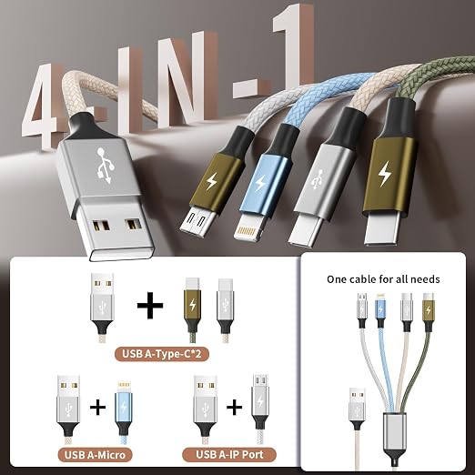 4 in 1 Multi Charging Cable, 2 Pack 6FT Charging Cords for Devices | Nylon Braided USB C Car Charger Cable with Dual USB-C, IP & Micro Ports, Long Travel Charging Cord for Cars