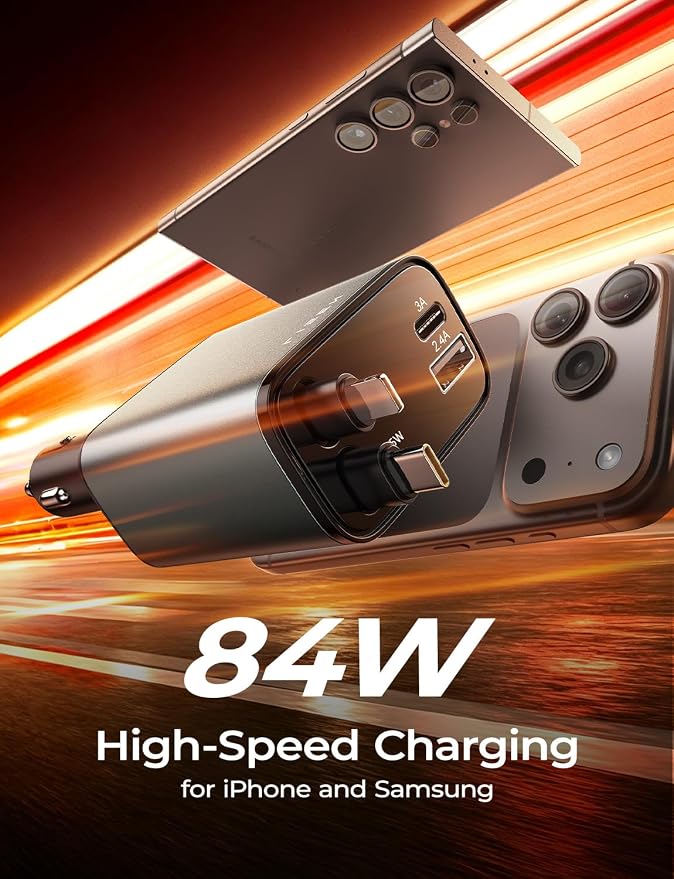 LISEN Retractable Car Charger, 84W Car Charger USB C Fast Charge, Multi Cigarette Lighter Adapter, 4 in 1 Car Accessories Birthday Gifts for Men Women Dad Mom Husband, for iPhone 17 16 15 14 13 12 X