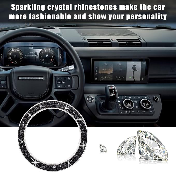 Kewucn 2 PCS Bling Crystal Double Rhinestone Car Engine Start Decoration Ring, Sparkling Push Start Button Sticker, Key Ignition & Knob Ring Decoration, Bling Car Interior Accessory(Black)