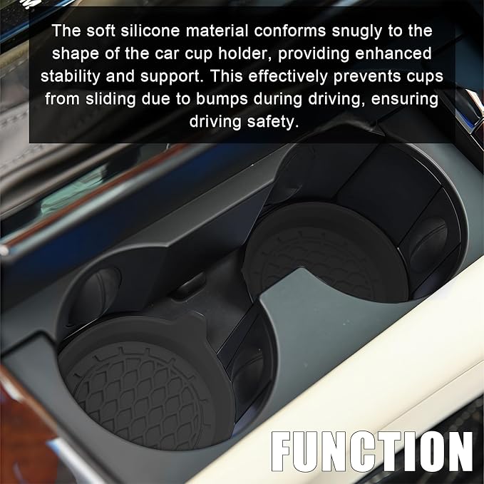 Car Cup Coasters, Silicone Cup Holder Insert (4 Pack) with Soft Bristle Cleaning Brush (2 Pack), Non-Slip Honeycomb Spill Guard Car Interior Accessories, Universal for SUV, Sedan, Truck (Black)