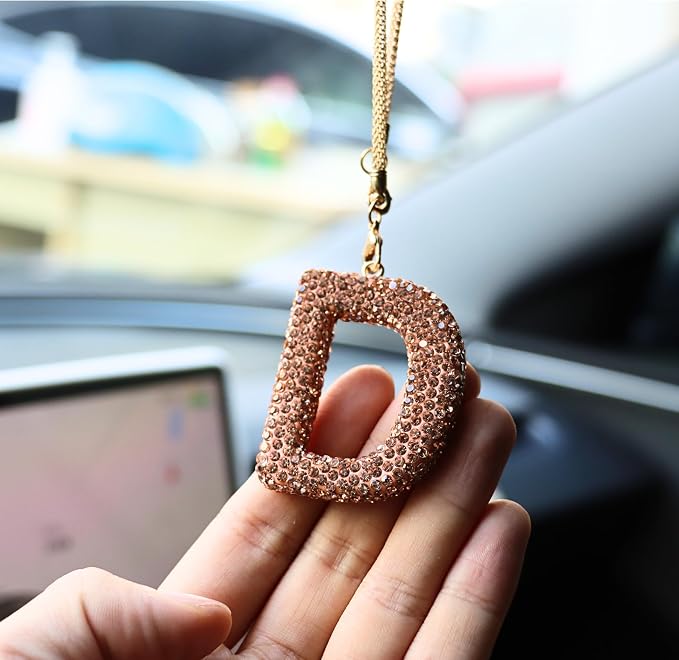 Bling Car Accessories for Women Letter Charm, Rainbow Crystal Rearview Mirror Pendant, Cute Diamond Rhinestone Car Decor, Lucky Gift for Women(D, Champagne Gold)