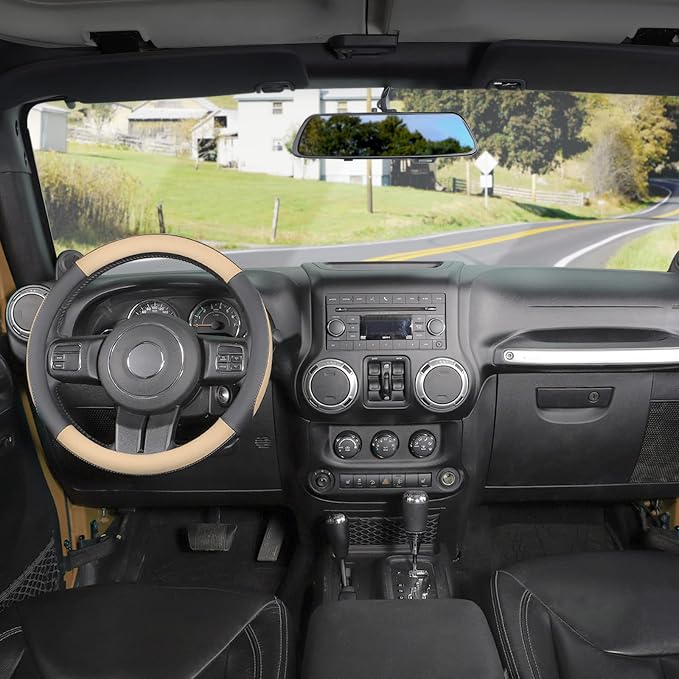 SEG Direct Car Steering Wheel Cover Large-Size for F150 F250 F350 Ram 4Runner Tacoma Tundra Range Rover with 15 1/2 inches-16 inches Outer Diameter, Black and Beige Microfiber Leather