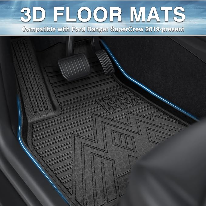 Mixsuper Ranger Floor mats-Floor mat for Ford Ranger Supercrew Cab 2019-2023,All Weather TPE Rubber Floor Liners Protection for Ranger Accessories,2 Row Anti-Slip Car Mats, Black