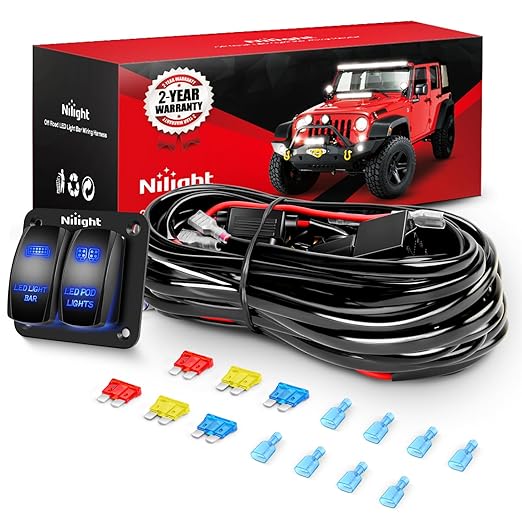 Nilight 16AWG LED Light Bar Wiring Harness Kit 12V On/Off 2 Gang Rocker Switch Panel Power Relay Blade Fuse 5Pin Toggle Switches for Cars Boat ATV Trucks-4 Leads