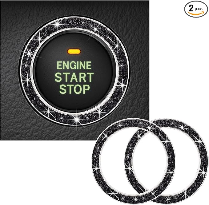 Kewucn 2 PCS Bling Crystal Double Rhinestone Car Engine Start Decoration Ring, Sparkling Push Start Button Sticker, Key Ignition & Knob Ring Decoration, Bling Car Interior Accessory(Black)