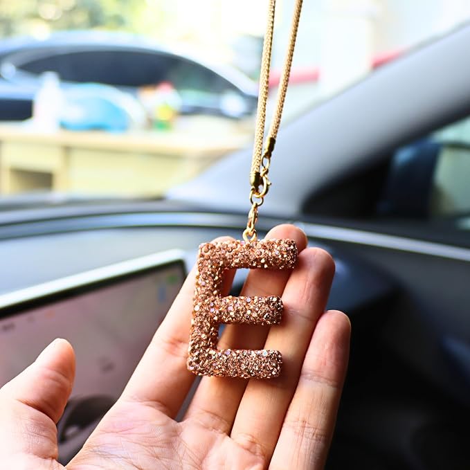 Bling Car Accessories for Women Letter Charm, Rainbow Crystal Rearview Mirror Pendant, Cute Diamond Rhinestone Car Decor, Lucky Gift for Women(E, Champagne Gold)