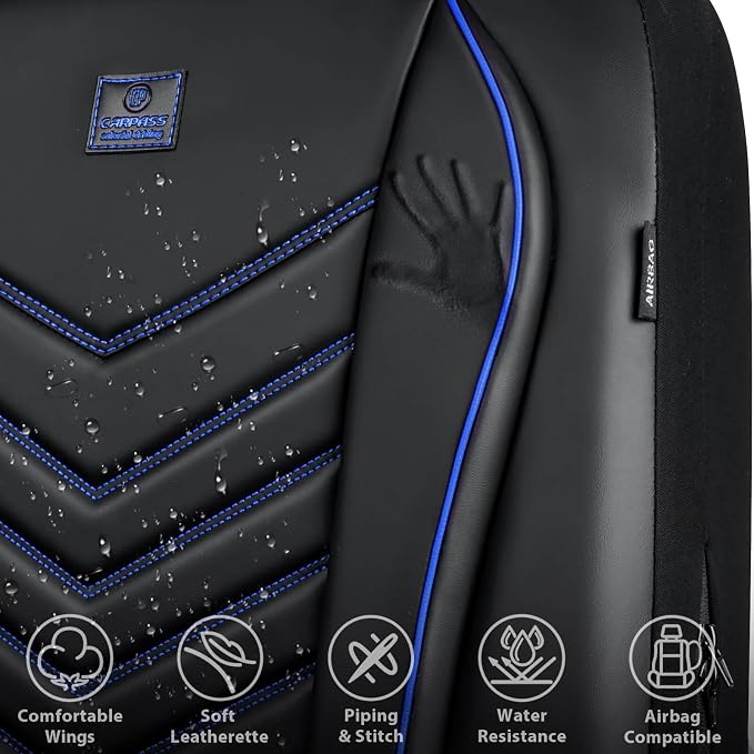 CAR PASS 3D Foam Faux Leather Seat Covers Full Set, Waterproof Leather Seat Cover for Cars, Luxury Universal Fit for SUV Truck Sedan Automotive, Armrest Airbag Compatible Anti-Slip, Black and Blue