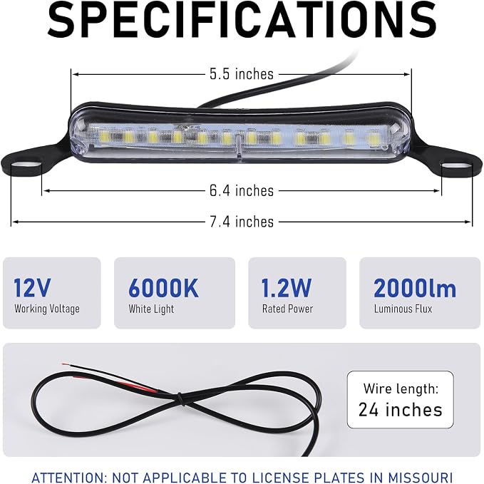 Xenon White LED License Plate Light, 12V DC Ultra Bright Assembly Replacement, Waterproof and Durable, Universal License Plate Light for Car Trailers RV Truck UTV ATV Boats. 2PCS