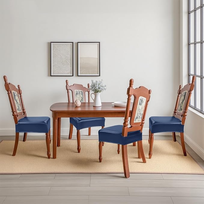 Waterproof Dining Chair Seat Covers Leather Kitchen Seat Covers, Stain Resistant Stretch Chair Seat Covers for Dining Room Chairs Set of 8, Rear Covered Washable Dining Chair Covers Navy