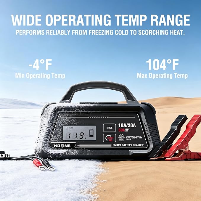 NOONE 10A/20A Smart Battery Charger - 12V/24V Fully Automatic Maintainer | with 50A Engine Start, Winter Mode, and Auto Repair - Car Trickle Charger for AGM, Gel, Deep Cycle & LiFePO4 Batteries