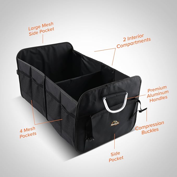 Armor All Car Trunk Organizer, Collapsible Multi-Compartment Car Organizers with Strong Aluminum Handles Foldable and Waterproof, Suitable for Any Car, SUV, Mini-Van, Black