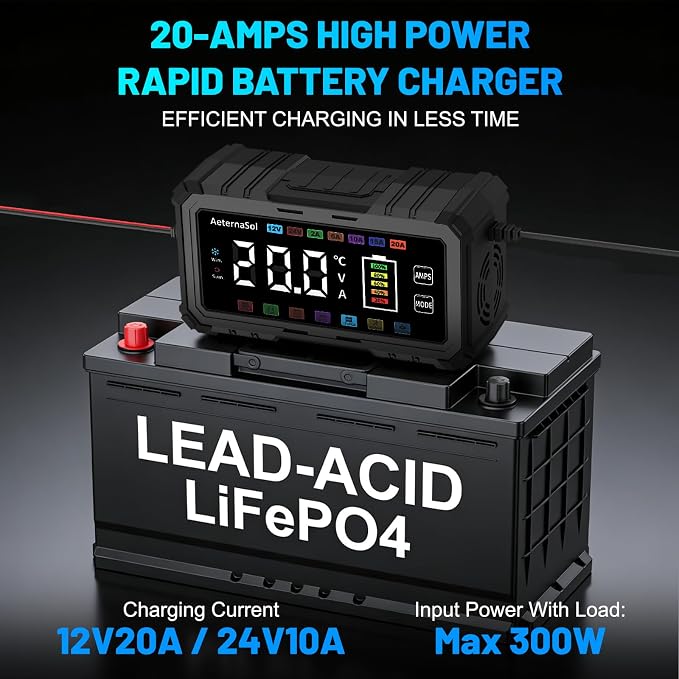 20A Smart Car Battery Charger, 12V/24V Battery Charger, Automatic Battery Maintainer Desulfator Compatible with LiFePO4, AGM, Gel, Lead-Acid, Trickle Charger for Truck, Motorcycle, RV, Boat (Black)