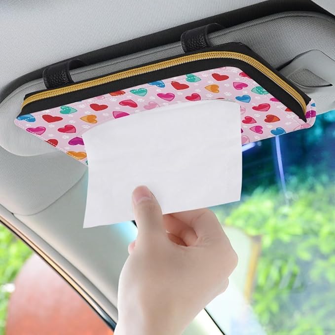 Colorful Hearts Tissue Box Holder Car Visor Tissue Holder PU Leather Sun Visor Napkin, Mask Dispenser Car Visor Accessories Decoration for Women Girls