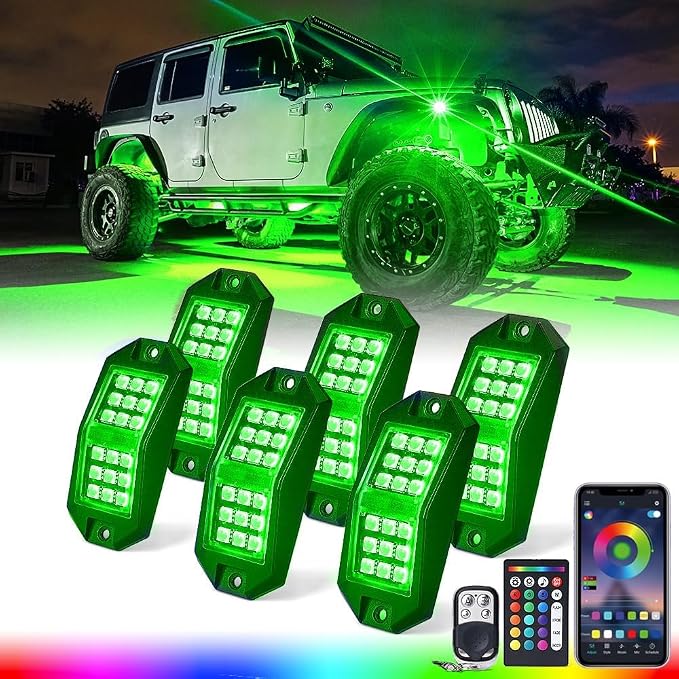 Xprite LED Rock Lights Wide Angle Bluetooth Multicolor Neon Lighting Footwell Underglow Kits w/Wireless Remote, Compatible Jeep Off-Road Trucks Cars UTV ATV SUV RZR Motorcycles Boats 6 Pods