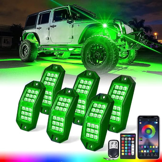 Xprite LED Rock Lights Wide Angle Bluetooth Multicolor Neon Lighting Footwell Underglow Kits w/Wireless Remote, Compatible Jeep Off-Road Trucks Cars UTV ATV SUV RZR Motorcycles Boats 6 Pods