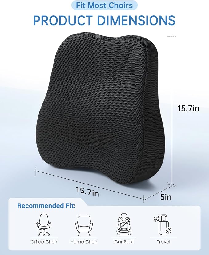 Vekkia Lumbar Support Pillow for Office Chair - Back Support for Car, Lumbar Cushion with Adjustable Straps & Mesh Cover, Lower Back Pain Relief for Office Workers, Drivers, Gamers & Travelers