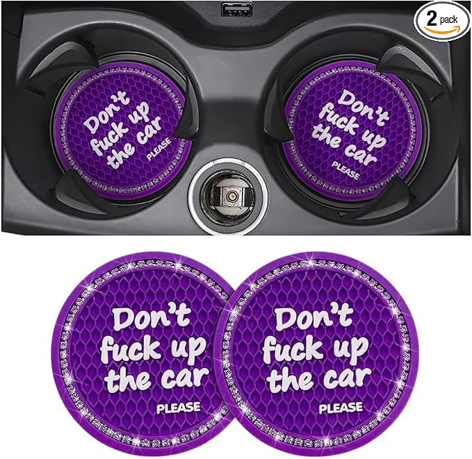 2 Pack Bling Car Coasters for Cup Holder, Crystal Rhinestone 2.75 in Cup Holder Coaster, Silicone Anti-Slip Insert Cup Mats for Women, Interior Accessories Universal for Most Cars (Purple)