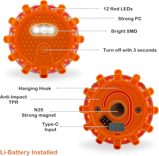 Ecoangel USB-C Rechargeable LED Road Flares Emergency Lights 3 in 1 Cable Roadside Warning Car Safety Beacon Flashing Disc Kit with Magnetic Base for Vehicles