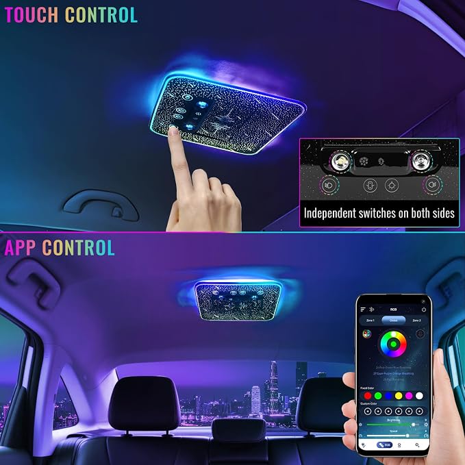 Universal Car Roof Dome Lights Replacement,Adjustable LED Ceiling Lamps Assembly w/Touch Screen,Car RV Interior Lighting w/Door Trigger Switch,Over-Head Roof Ambient Light,RGB (Meteor Style)