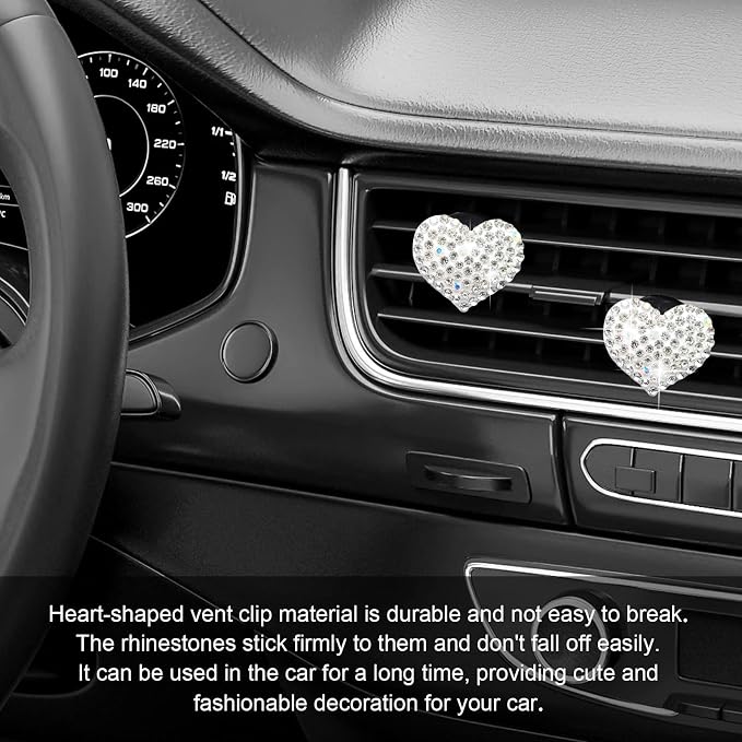 2Pcs Car Air Vent Clip, Bling Crystal Heart Charms Car Air Vent Clips, Car Air Conditioning Outlet Clip Decorative, Car Interior Decoration Accessories Universal for Women and Man (White)