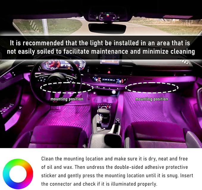 Wevdn Car Interior LED Strip Light, 12V 24 LED Waterproof Neon Ambient Night Light with USB Port, Automotive Atmosphere Decorative Under Dash Lighting Kit, Car Accessories (Pink Purple)