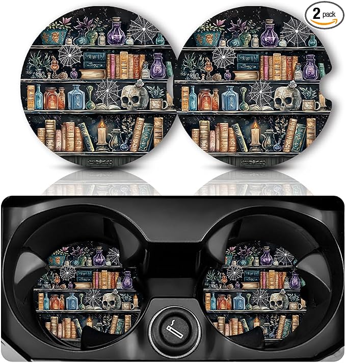 Yonlevres Car Coasters for Cup Holders，2.75" Universal Size Anti Slip Rubber Mat with A Finger Notch, 2 Pack Cup Holder Coasters for Car Interior Accessories for Women Men Gothic Bookshelf