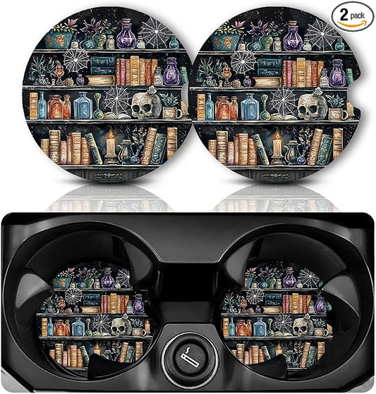 Yonlevres Car Coasters for Cup Holders，2.75" Universal Size Anti Slip Rubber Mat with A Finger Notch, 2 Pack Cup Holder Coasters for Car Interior Accessories for Women Men Gothic Bookshelf
