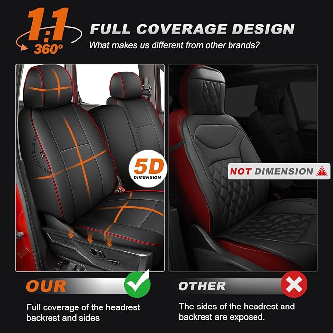AOMSAZTO Truck Seat Covers for Chevy Silverado/GMC Sierra 1500 (2007-2013) 2500HD/3500HD (2007-2014) - Black with Red Trim Faux Leather Car Seat Cover Full Set(Rear 40/60 Split for Crew Cab)